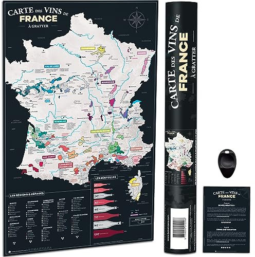 Bonanzana - Biglietto dei vini francesi da grattare - 70 x 42 cm - Poster con carta da grattare - Con 200 vigneti, 82 vitigni e 8 bottiglie - Idea regalo per vini di Natale compleanno - SMFRV