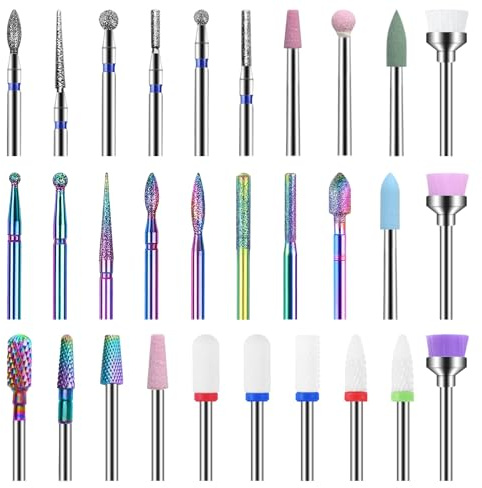 HEYMKGO 30 Stück Professioneller Nagelfräser Aufsätze Bits Fräser Für Gelnägel 3/32 Keramik/Wolframkarbid Diamant Bits Für Nagelfräser Acryl Gel Nagel Maniküre Feile Pediküre Werkzeuge