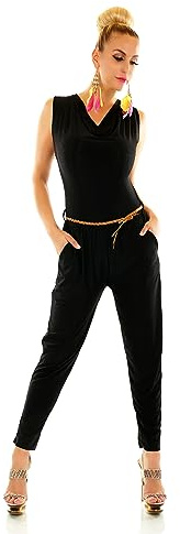 TA Fashion Damen Overall Hosenanzug Hose Jumpsuit Wasserfall Ausschnitt Flecht-Gürtel 34-38