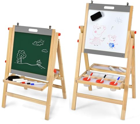 GYMAX Children Easel, Wooden Chalkboard Painting Board with Paper Roller, Double Sided Board for Kids Toddlers (Natural + Grey)