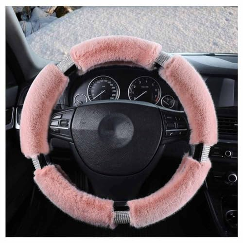 SHTGOI Universal Fell Lenkradbezug Plüsch Lenkradhülle mit 5 Strasssteine 38cm Lenkrad Fellbezug Weich Warme Lenkradschoner Steering Wheel Cover Lenkradschutz für Winter-Autolenkrad Rosa