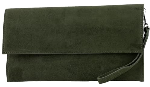 modamoda de T151 Damen Wildleder Rauleder Clutch Umhängetasche Abendtasche handmade in Italy, Farbe:Schwarzoliv