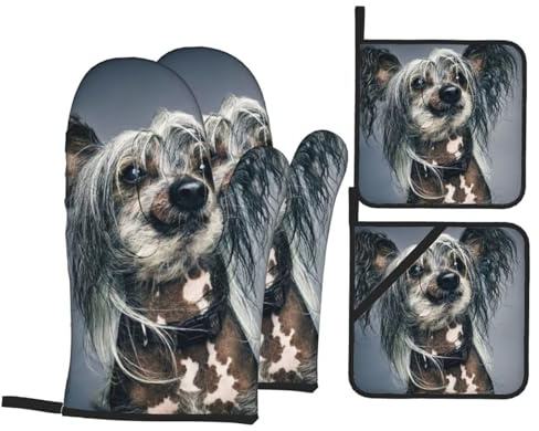 Ofenhandschuhe und Topflappen-Sets, Küchenofenhandschuh und Topflappen, 4 Stück, zum Backen, Grillen, chinesischer Schopfhund