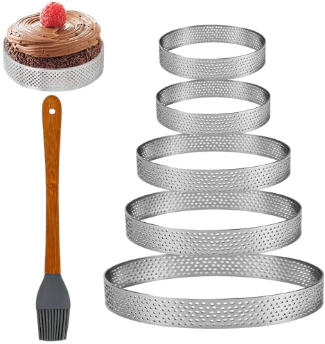 HEKOBAG 5Pcs Perforated Cake Mould, Non Stick Stainless Steel Tart Ring Heat-Resistant Perforated Cake Mousse Ring, Round Pastry Rings with Silicone Brush for Baking Crumpets Desserts(5/6/10/15/20cm)