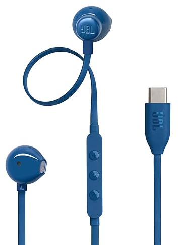 JBL Tune 305 C - Trådanslutna In-ear-hörlurar med Hi-Res-certifierad ljud, fjärrkontroll med 3 knappar och mikrofon, platt trasselfri kabel, blå