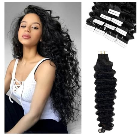 Tape Extension Echthaar Deep Wave Tape in Haarverlängerungen Echthaar Jerry Curly Natural Black Unsichtbares doppelseitiges Tape Ins Skin Weft Echthaarverlängerungen #1B Remy Tape in Extensions ( Size