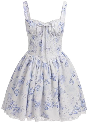 Odizli Damen Sommer Sexy Ärmellos Spaghettiträger Boho Blumen Spitze Kurz Minikleid