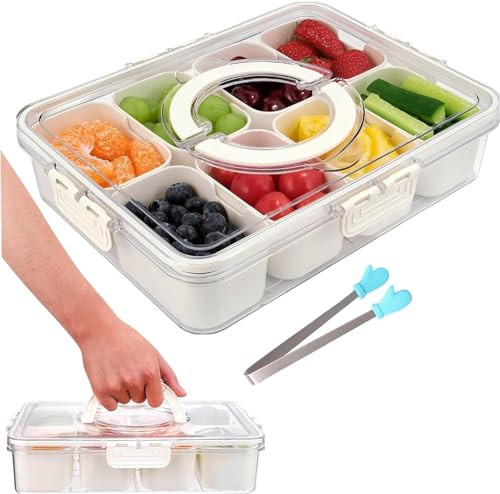 Snackbox Mit Fächern,Snackbox kinder Geteiltes Serviertablett Mit Deckel Und Griff Snackteller Mit Deckel Partybutler 8 Fächer Gewürzbehälter für Picknick Süßigkeiten Obst Keksen Dessert Gemüse