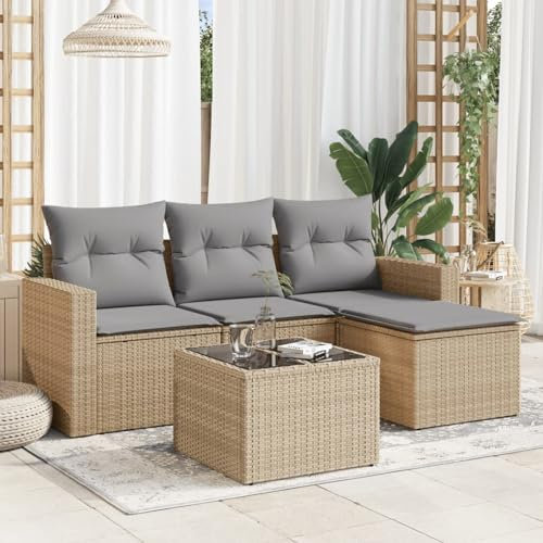 Homgoday 5-TLG. Trädgårdssoffa set med kudde, trädgårdslounge, soffa med förvaring, balkongsoffa, balkongmöbler, lounge, soffa, hörnsoffa med trädgårdsbord, sittgrupp, trädgårdsmöbler, set, beige,