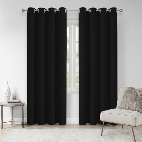 VEHEDE Thermal Insulated Blackout Ring Top Curtains for Bedroom, Thermal Insulated Blackout Drapes 2 Panels for Windows, Eyelet Black Out Curtains, W55 x L69 Inch, Black, 2 Panels