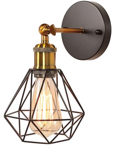 TOKIUS Wandlampe Vintage 16CM Wandleuchte Innen im Industrial Design Retro E27 Lampe aus Eisen Käfig Lampenschirm Schwarz Verstellbare Deckenleuchte Wandlampe für Flur Wohnzimmer (Messing Fassung)
