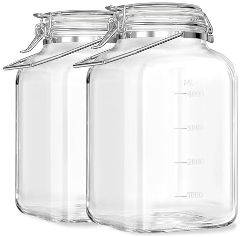 1.5 Gallon Glass Jars With Airtight Lid, Gallon Mason Jars Wide Mouth w Scale Marks(192 FL Oz), Glass Storage Containers with Lids And Sturdy Handles For Flour, Sugar, Baking Supplies, Set of 2