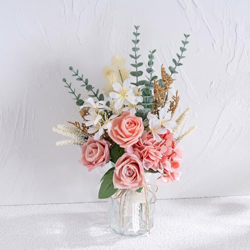 Yorkmills Artificial Pink Flowers with Vase, Faux Rose FLowers in Vase | Realistic Pink Fake Hydrangea FLowers with Vase for Home Spring Decor Indoor Decoration Coffee Table Centerpiece