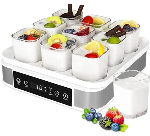 IINCOOY Machine À Yaourt Domestique Entièrement Automatique avec Contrôle De La Température Et du Temps Réglables Récipients en Verre De 52 Oz/Pots De Yaourt 9 Pots en Verre