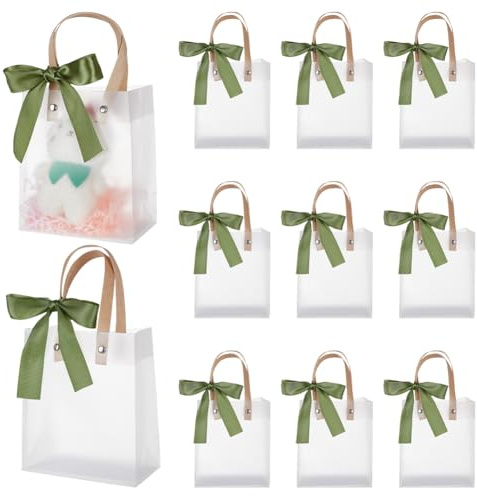 NBEADS 24 Stk. Geschenktüten mit Griffen, 23.3x13x7cm Frosted Geschenk-Taschen Wiederverwendbare Transparente Tragetaschen mit Olive Drab Band für Hochzeit Geburtstag Dusche Hotel Gäste