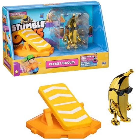 Bizak Stumble Guys 64119201 Playset con statuetta snodata da 7,5 cm, ricrea scene del Videogioco, Mr. Banana con trampolino, ragazzi e ragazze da 8 anni
