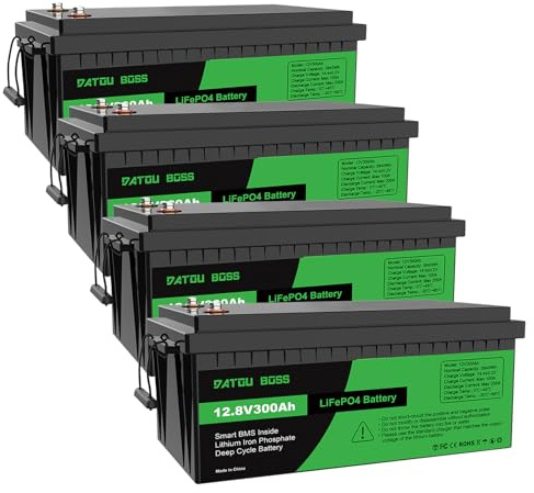 DATOUBOSS 4 * 12V 300Ah LiFePO4 Batterie, 15000+ Zyklen Deep Cycle Lithium Akku, Max. Ausgangsleistung 3840W, 200A BMS, Unterstützung in Serie/Parallelschaltung, für Wohnmobil, Solar Home System