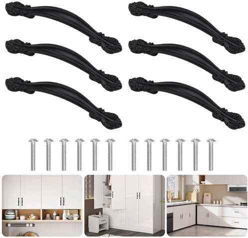 WhizNook 6 Stücke Schubladengriffe Vintage, Möbelgriffe 64mm Lochabstand, Retro Schrankgriff, Schrankgriff, Griff Schwarz, für Gartentür Küchenschranktüren, Schubladengriffe (Schwarz)