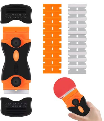 Glass Scraper,Double Edged Glass Scraper,Scraper Tool with 10 Steel Blades and 10 Plastic Blades Cleaning Scrapers for Removing Glue Sticker Paint Labels Decals Tint from Glass