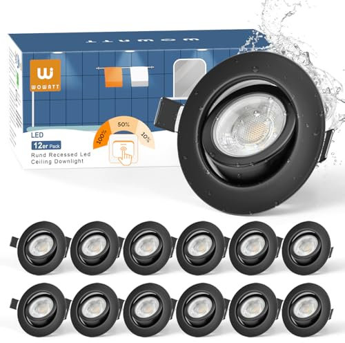 wowatt Lot de 12 Spot LED Encastrable Noir Dimmable, Spot LED Orientable 5.5W 600LM Blanc Chaud 2800K, Éclairage Encastré 68mm, spots de Plafond Extra Plat, spot Salle de Bain IP44 pour Salon Cuisine