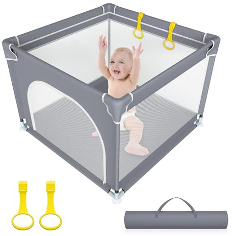 Laufstall Baby 90x90cm, Laufgitter Baby mit Rutschfester Basis und Atmungsaktivem Netz, Kinder Sicherheitsspielplatz, Laufgitter 300D Oxford Gewebe, mit 2 Pull Rings, für Drinnen & Draußen