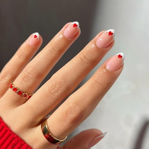 24PCS Short Almond Press on Nails – Red Heart & French Tip Design, Easy Stick-on Fake Nails for Women & Girls, Reusable Glossy Manicure Set