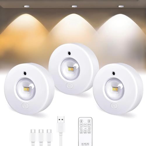 ICHOWHO 3 PCS Puck Lights - Under Cabinet Kitchen Lights with Remote, Round Stick-on Rechargeable Wireless Dimmer& Timer Puck Light, Closet Lights for Display Shelf Cupboard Hallway Closet Bedroom