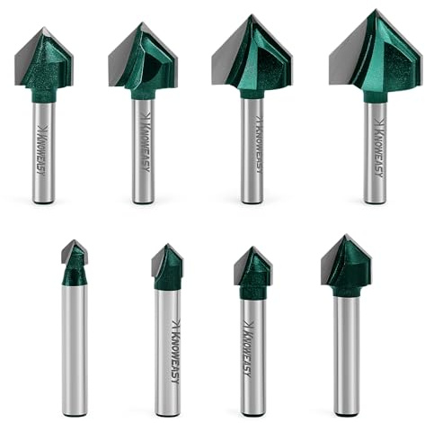 Knoweasy 8-Piece 90 Degree V-Groove Router Bit Set with 1/4-Inch Shank, Carbide Tipped 2-Flute Engraving Bits for Woodworking, Includes 1/4 to 1 Inch Cutting Diameters for Chamfering and Beveling