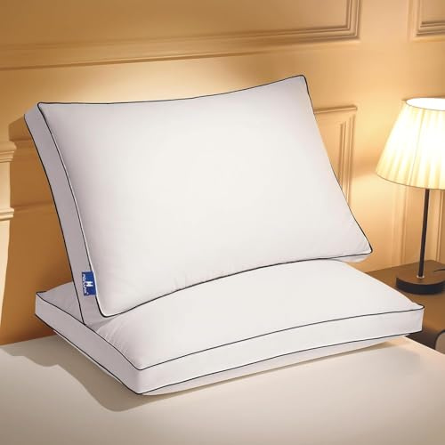 Mosluna Juego de 2 almohadas de plumas de tamaño estándar con refuerzo, almohada de cama de la colección de hotel de lujo, paquete de 2, almohadas reforzadas rodeadas de plumón para dormir, esponjosas