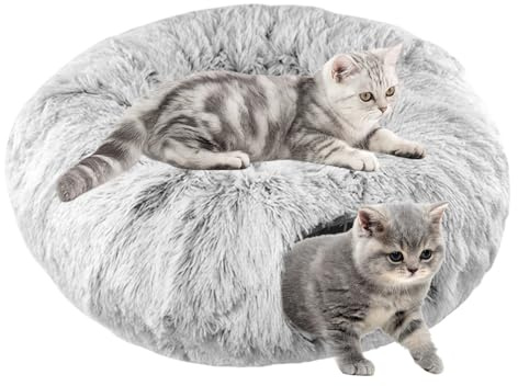 LEKEFETO Katzentunnel, Katzenspielzeug für Indoor-Katzen mit Plüsch Katze Bett, Tunnel für Katzen Rund mit Hängenden Ball und Guckloch, für Kaninchen Frettchen - Grau, 85 x 26 cm