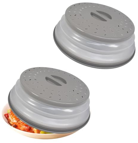 Cylogia 2Pcs Microwave Cover for Food Foldable Microwave Splatter Guard with Grip Handle Multi-Use Colander Basket for Fruits and Vegetables 3 in 1 Round Silicone Plate Covers(Grey)