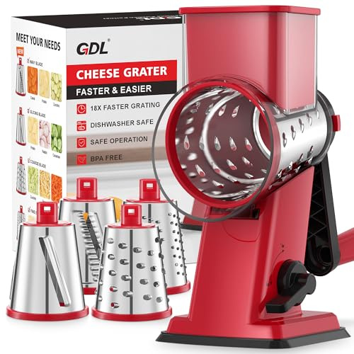 GDL Rotary Cheese Grater Hand Crank - Upgraded Cheese Shredder with 4 Interchangeable Blades, Rotary Grater with Non-slip Suction Base, Easy to Clean Kitchen Grater Slicer Grinder for Vegetable Nuts
