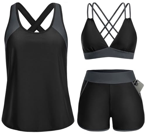 Daci Black and Gray 3 Piece Tankini Swimsuit Tummy Control with Bra Pocket Boy Shorts L