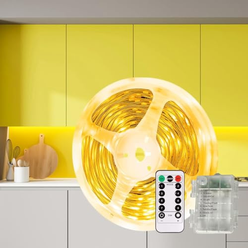 Gaoxun Tira LED a Pilas, 3m 90 LEDs Flexible Luces Pilas Adhesiva con Control Remoto, Regulable, 8 Modos, Minutero, Cortable, Impermeable Iluminación Interior para Cocina, Armario, Blanco Cálido 3000K