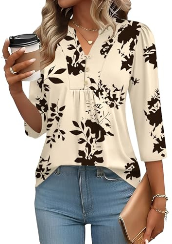 IECCP Womens Tops Dressy Casual Blouses Business Casual 2025 Summer 3/4 Sleeve Shirts Cute V Neck Puff Pleated Tunic Top (Apricot Black Floral,XL)