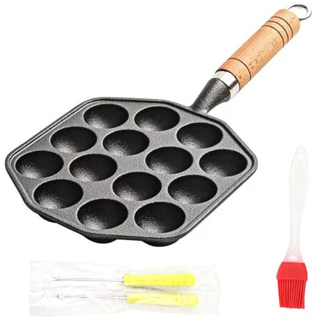 Yeqqzq Takoyaki Pan Nonstick Cast Iron Octopus Meat Balls Mold Maker with Free Takoyaki Tools, 14 Holes Grill Pan for Kitchen Small Desserts -Easy Clean