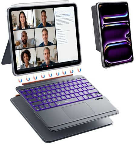 WIWU iPad Pro 13 Zoll Hülle mit Tastatur M5/M4 2025/2024 Abnehmbare Grau | Magnetische Tasche Tastatur Verschiedene Betrachtungswinkel Ständer 7 Farbige Hintergrundbeleuchtete, Touchpad Leicht Tragbar