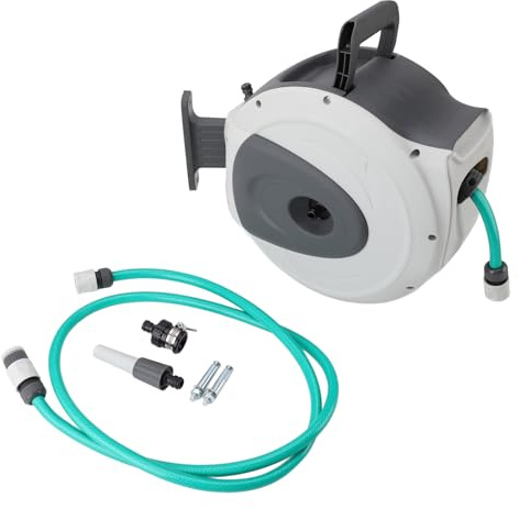 Avvolgitubo da giardino retrattile da 65,6 piedi, avvolgitubo montato a parete con ugello, avvolgitubo per acqua resistente da 1/2 pollice con riavvolgimento automatico, blocco di