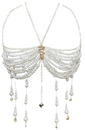 Sujetador de perlas para mujer Elegante sujetador de cuentas con borlas Top corto sin mangas con cuello halter para fiestas y festivales Perla, Top, con cuentas, para mujer, Pera