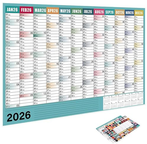 Großer Kalender 2026 | Planer, großes Format, 74 x 51 cm, mit Etiketten, Tipps, Wandkalender, Jahreskalender, für Haus, Schule, Reinigung, Übung, Urlaub, Party, Geburtstag, Reisen, Lesen