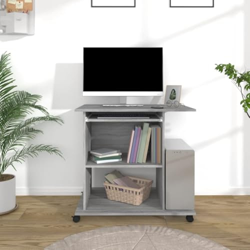 SKTQYQO Scrivania Computer Grigio Sonoma 80x50x75 cm Legno Multistrato con Ripiano Tastiera Estraibile e Ruote, Scrivania Compatta per Ufficio con Ampio Spazio Portaoggetti,