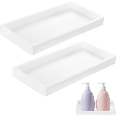 2 Pcs White Trays for Cosmetics, Jewelry Tray Decorative Plate Bowl, Rectangular White Silicone Bathroom Trays for Toiletries Makeup Vanity Dressing Table Tray(7.87x3.94x0.74)