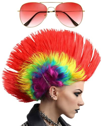MUNSKT Punk Mohican Wig, lustige Perücken, 80er Jahre, Rocker Funny Wigs mit Sonnenbrillen, Kostüm, Rocker Fancy Zubehör für Music Festivals Parties Special Events