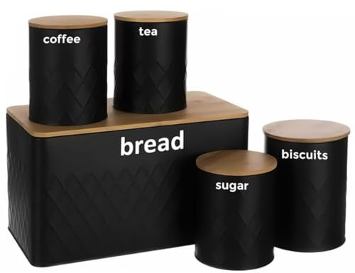 5 Piece Kitchen Storage Set with Bamboo Lids, Black with Diamond Pattern, Includes Tea Coffee Sugar Biscuit Canisters and Bread Bin