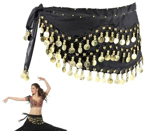 Bufandas De Cadera para Danza del Vientre, Cinturón Danza del Vientre con Monedas, Pañuelo Triangular Egipcio, para In Representaciones Teatrales(Negro)