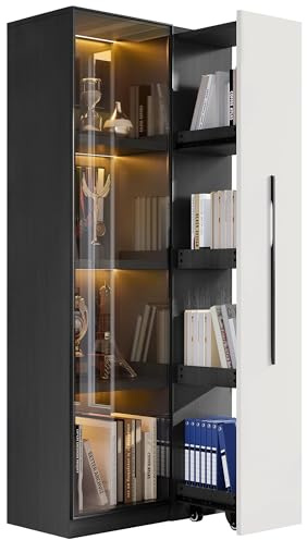 Vitrina de cristal de 70 × 40 × 160 cm, gran vitrina con puertas de cristal, cajones laterales e iluminación LED integrada, un elegante mueble de almacenamiento– Vinoteca, estantería para libros