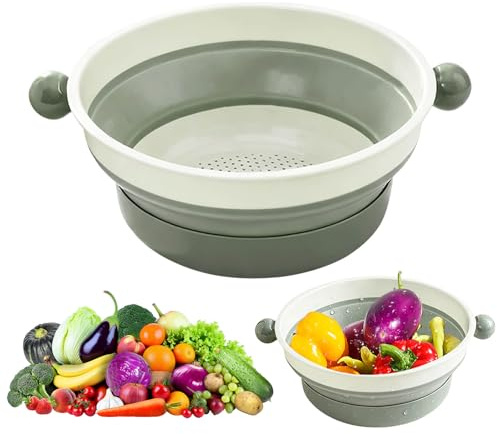 Faltbares Sieb 21cm, Doppelschichtig Nudelsieb Faltbar, Kunststoff Küchensieb mit Abtropfschale, Reissieb Abflusskorb für Obst Gemüse Salat, Faltbar Sieb Küche Gadgets Platzsparend