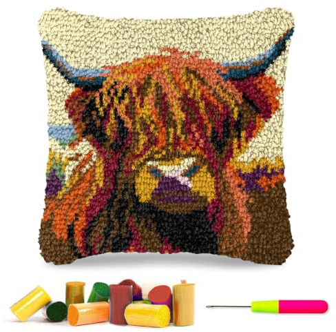 Zorvix Highland Cow Cushion Covers Latch Hook Kits for Adults, 3D DIY Latch Hook Cushion Kits, Highland Cow Crochet Cushion Covers Craft Kits for Adults Beginners, 45x45cm