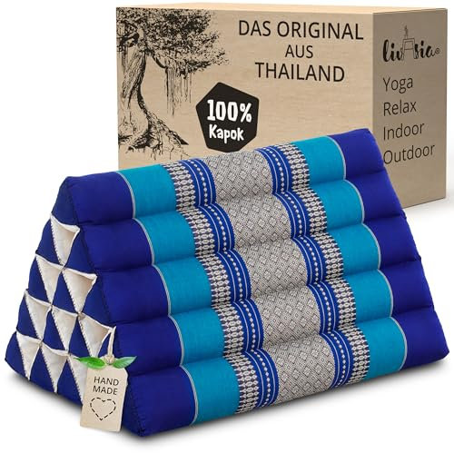 livasia Rückenstützkissen extrahoch - 38x55x35cm - Dreieckskissen für Garten und Balkon, Keilkissen mit Kapok, Lagerungskissen für Beine, handgefertigt, Meditationskissen (Blau)
