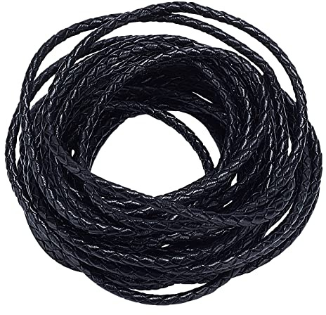 PH PandaHall Braided Reborn Leather Cord for Bracelet Necklace Making, Black, 3mm, 5m/bag